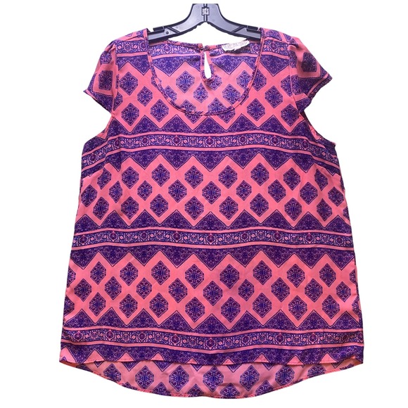 Pink Rose Tops - Pink Rose Blouse‎ Womens 1X Pink Purple Diamond Print Short Sleeve Mature AOP